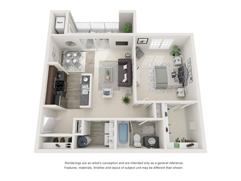 Floor plan for 1 bed, 1 bath, 850 sqft